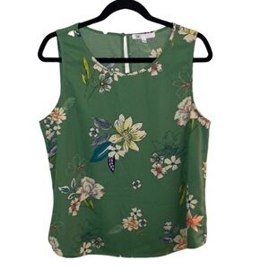 DR2 Green Floral Sleeveless Shell Tank Top. Size L. Button back neck closure.